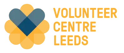 Volunteer Centre Leeds logo: yellow heart with blue chequered pattern beside bold yellow name, supporting volunteering in Leeds.