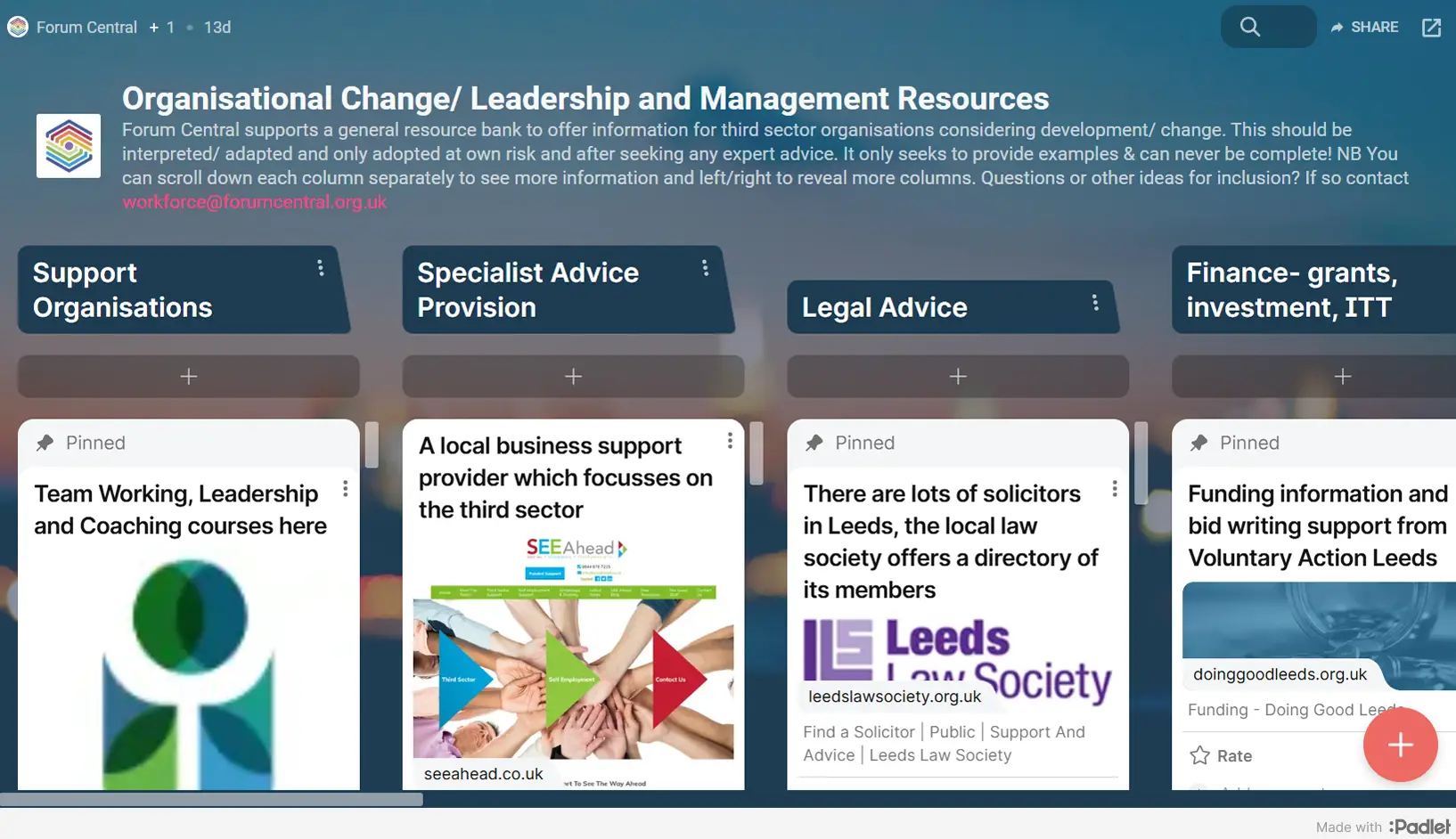 Digital dashboard shows organisational change resources; team training, advice, finance support for Leeds charities by Doing Good Leeds.