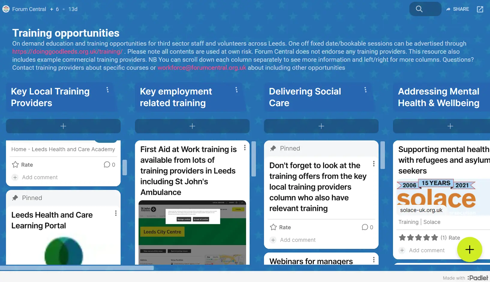 Dashboard highlights Leeds training and social care courses, supporting volunteers and charities via Doing Good Leeds resources.