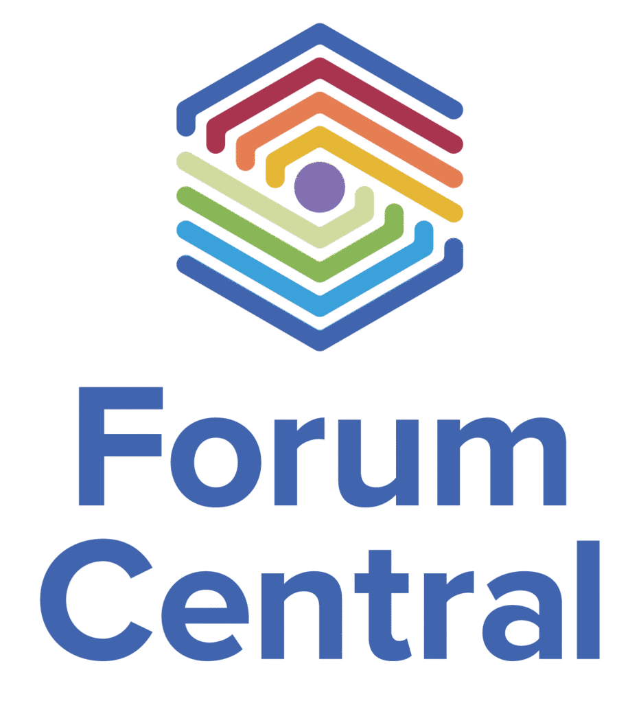 Forum Central logo with colourful hexagon and purple dot, representing Leeds charity sector collaboration, Forum Central.