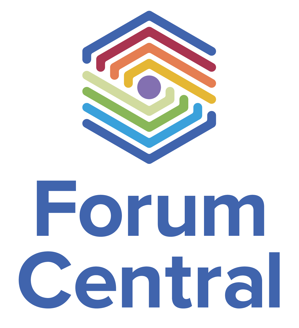 logog of Forum Central, a hexagon made up of concentric lines of rainbow colours