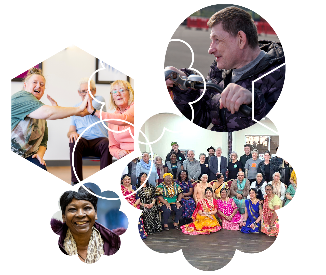 collage of a diverse range of people smiling overlaid with white outlines of geometric shapes