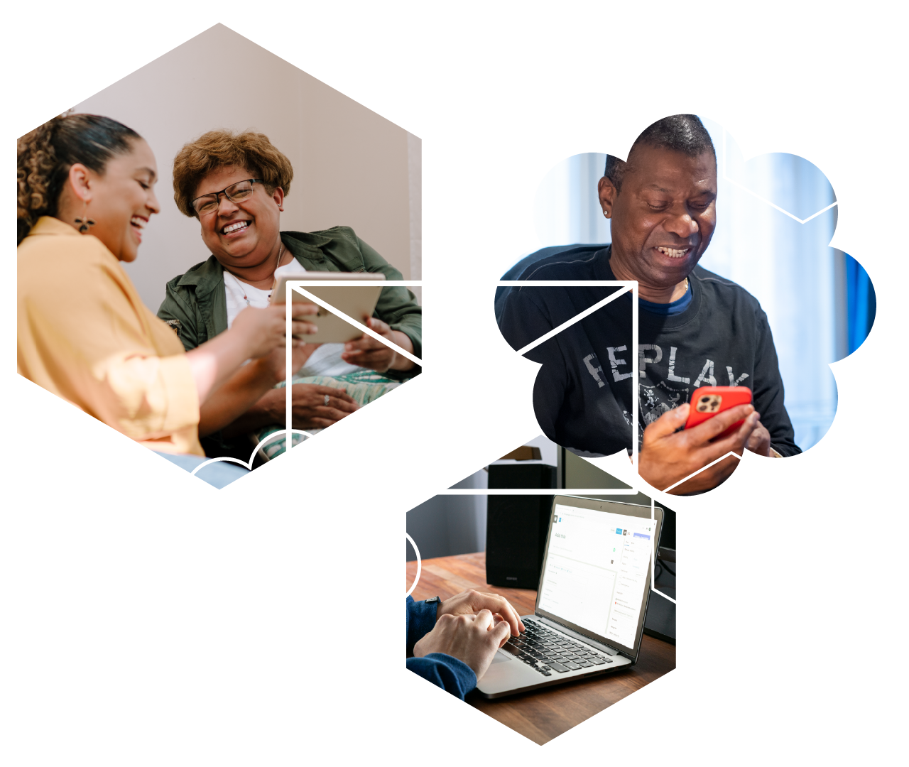 collage of people and devices overlaid with white outlined geometric shapes including an envelope shape