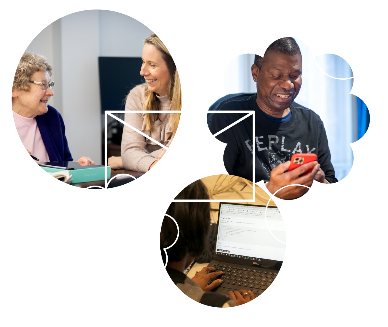 collage of people and devices overlaid with white outlined geometric shapes including an envelope shape