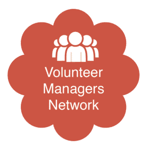 Red flower badge with four people icons and Volunteer Managers Network text, for Leeds volunteer coordinators, Doing Good Leeds.