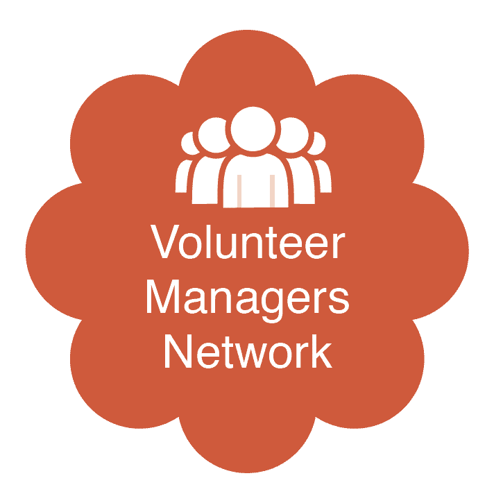 Red flower badge with four people icons and Volunteer Managers Network text, for Leeds volunteer coordinators, Doing Good Leeds.