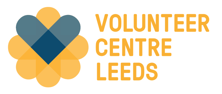 Volunteer Centre Leeds logo with yellow flower, blue heart, and bold yellow VOLUNTEER CENTRE LEEDS text. Leeds, volunteering.