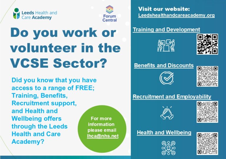 Leeds Health and Care Academy poster highlights free training, wellbeing support, and recruitment for VCSE groups in Leeds.