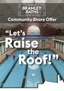 Bramley Baths’ pool, high arched roof, bunting; “Raise the Roof! Community Share Offer” aims to support Leeds community.