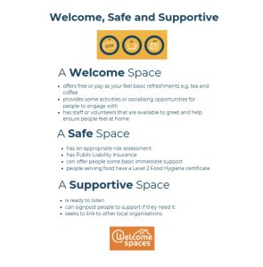 Infographic explains Welcome, Safe, Supportive Spaces for Leeds organisations with winter tips; Welcome Spaces logo at bottom.