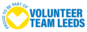 Leeds Unity Project Volunteers Team logo: yellow circle, white tick, blue text showing pride in Leeds volunteering.