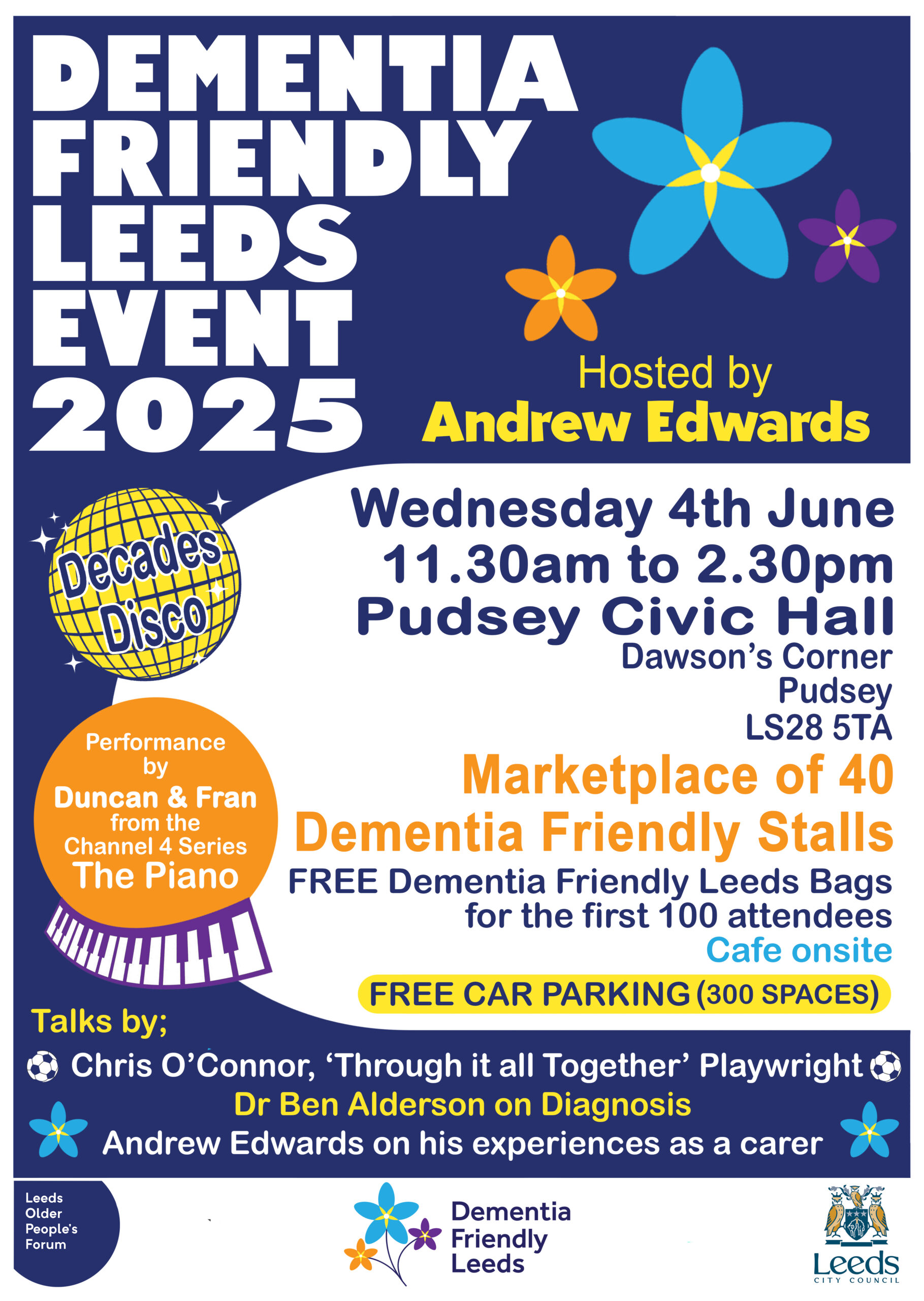 Flyer for Dementia Friendly Leeds Event at Pudsey Civic Hall, Wednesday 4 June 2025. Text in post.