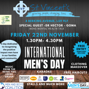 Flyer for the St Vincents International Men's Day Event on Friday 22 November from 1.30 pm to 4.30 pm. Features text advertising special guest Dr Hector, karaoke and stalls.