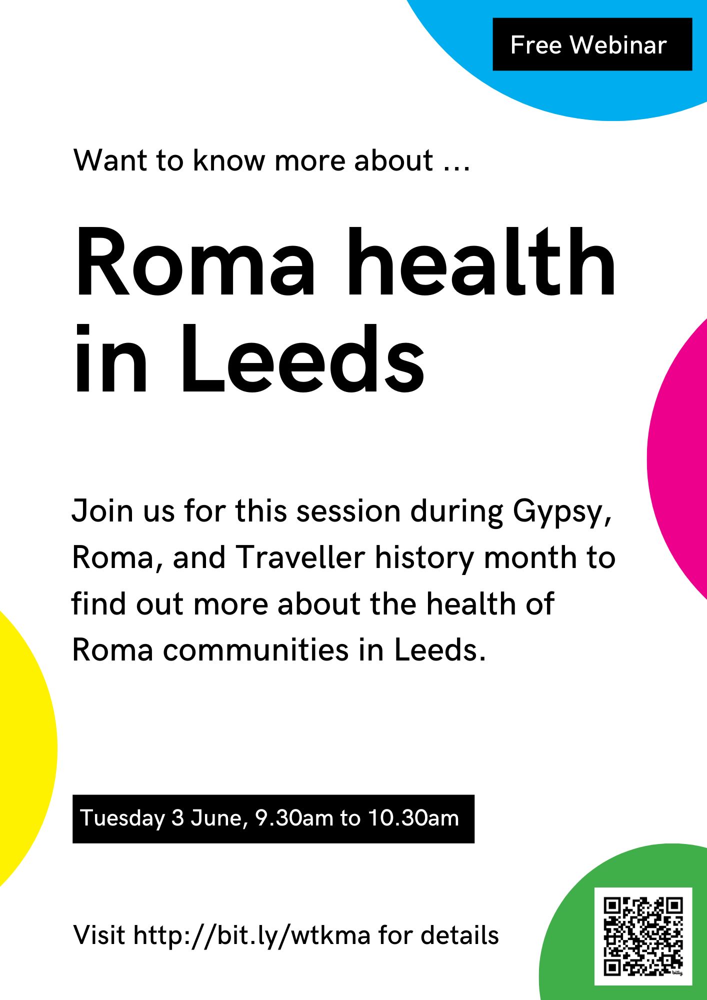 Flyer advertising Roma health in Leeds webinar. Text in post.