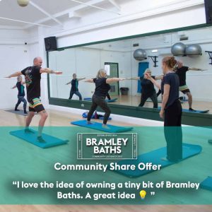People doing yoga at Bramley Baths in Leeds, text promotes Crowdfunder offer to support the community facility.