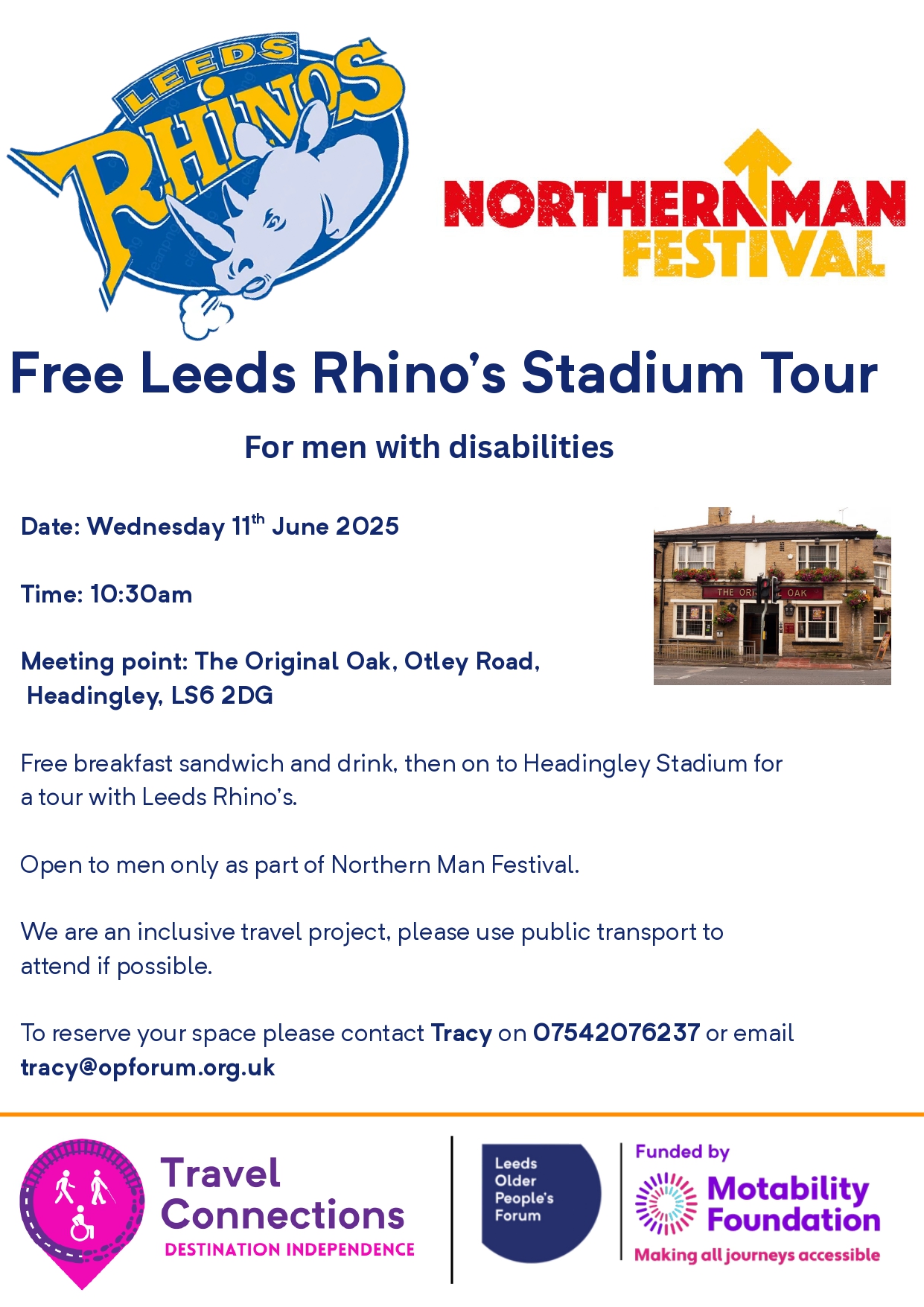 Flyer for Leeds Rhino's Stadium Tour with LOPF and Travel with Confidence. Full text in post.