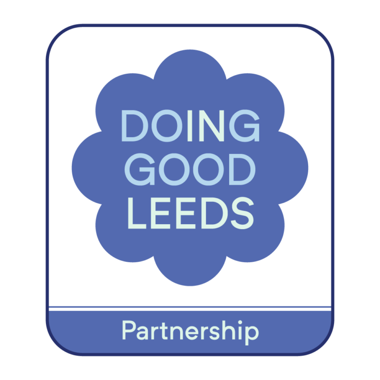 Doing Good Leeds blue flower logo with "Partnership" bar, representing charity and volunteering work in Leeds.