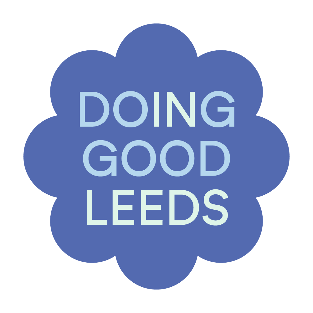 Blue flower badge with DOING GOOD LEEDS in light blue text, representing charity and volunteering in Leeds for Doing Good Leeds.
