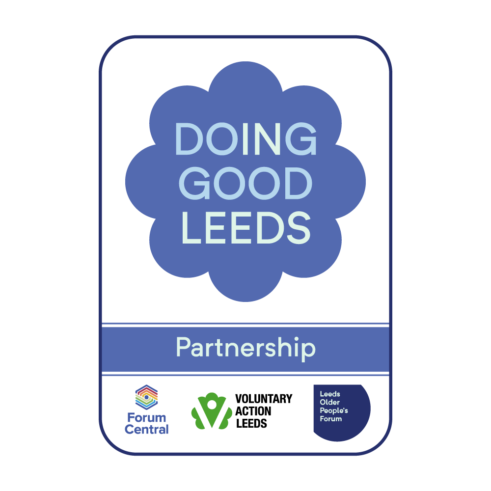 Doing Good Leeds badge with a blue flower, partnership bar, and local charity logos, supporting volunteering in Leeds.