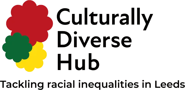 Culturally Diverse Hub logo with colourful flower shapes and tagline: Tackling racial inequalities in Leeds, Doing Good Leeds.