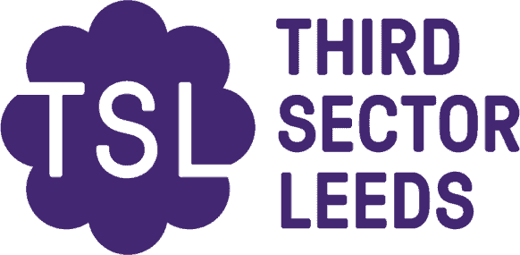 TSL acronym inside a purple flower icon, THIRD SECTOR LEEDS in bold text; charity sector branding for Leeds by Doing Good Leeds.